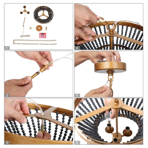 Modern Drum Dining Room Chandelier Light 3-Light Antique Gold Round Chandelier with Black Wooden Beads