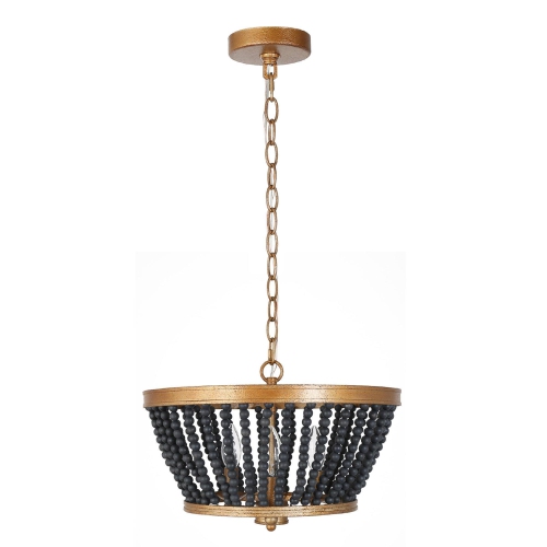 Modern Drum Dining Room Chandelier Light 3-Light Antique Gold Round Chandelier with Black Wooden Beads