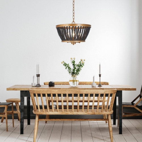 Modern Drum Dining Room Chandelier Light 3-Light Antique Gold Round Chandelier with Black Wooden Beads