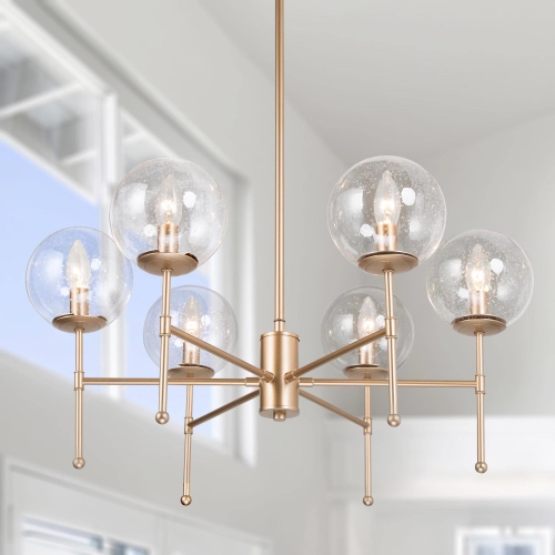 UOLFIN  Modern Dining Room Chandelier Light, 6-Light Sputnik Chandelier for Kitchen Island With Seeded Glass Shades In Gold