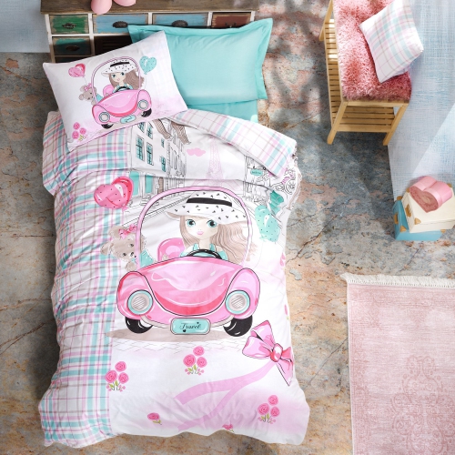 SUSSEXHOME Pink Car Duvet Cover Set, Full Size Duvet Cover, 1 Duvet Cover, 1 Fitted Sheet and 2 Pillowcases, Iron Safe, Hypoallergenic, Breathable Be