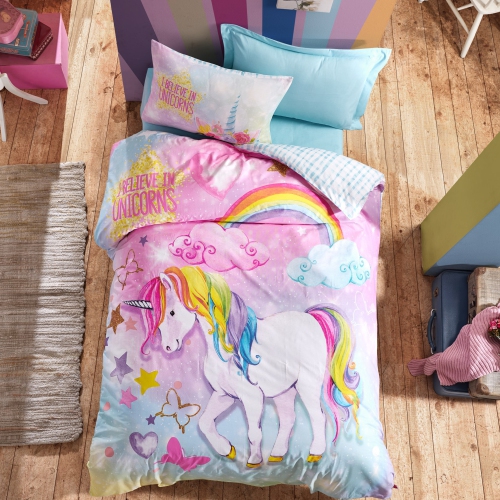 SUSSEXHOME  Buble Gum Unicorn Duvet Cover Set Mint, Full Size Duvet Cover, 1 Duvet Cover, 1 Fitted Sheet, 2 Pillowcases, Iron Safe, Hypoallergenic