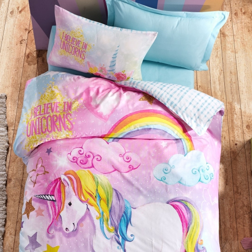 SUSSEXHOME Buble Gum Unicorn Duvet Cover Set Mint, Twin Size Duvet Cover, 1 Duvet Cover, 1 Fitted Sheet, 2 Pillowcases, Iron Safe, Hypoallergenic,
