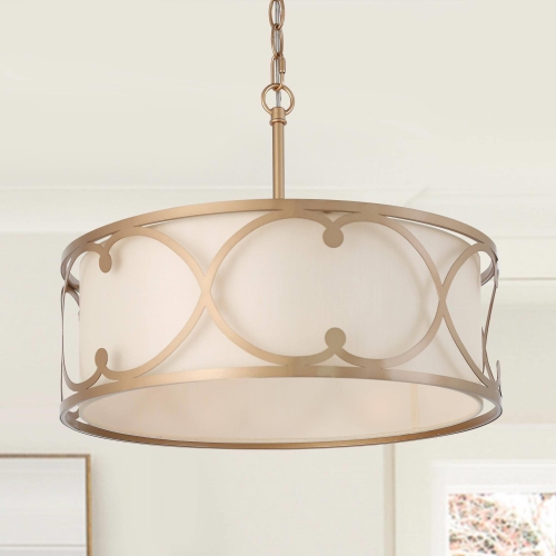 UOLFIN  Modern Drum Island Chandelier Pendant Light, 3-Light Farmhouse Shaded Chandelier With Fabric Shade In Gold