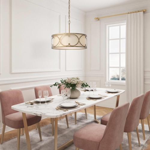 Modern Drum Island Chandelier Pendant Light, 3-light Farmhouse Gold Shaded Chandelier with Fabric Shade