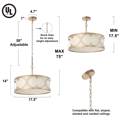 Modern Drum Island Chandelier Pendant Light, 3-light Farmhouse Gold Shaded Chandelier with Fabric Shade
