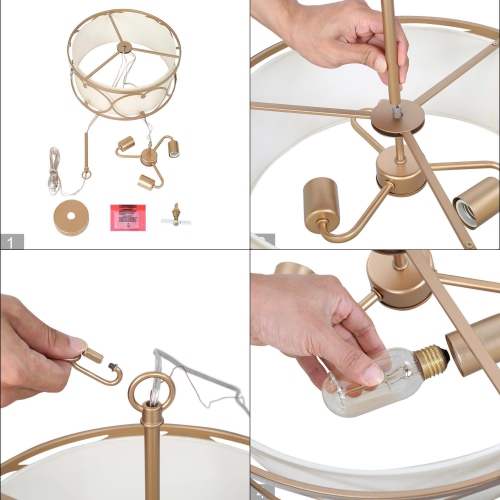 Modern Drum Island Chandelier Pendant Light, 3-light Farmhouse Gold Shaded Chandelier with Fabric Shade