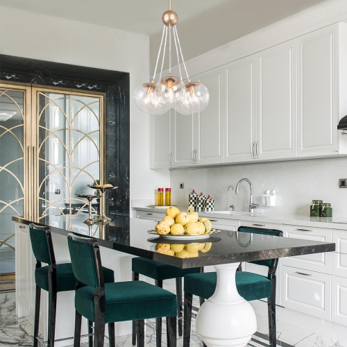 Satin Gold Globe Island Chandelier Bubble, 5-Light Modern Cluster Chandelier Pendant Light with Clear Glass Shades