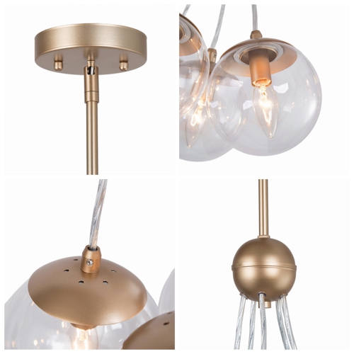 Satin Gold Globe Island Chandelier Bubble, 5-Light Modern Cluster Chandelier Pendant Light with Clear Glass Shades