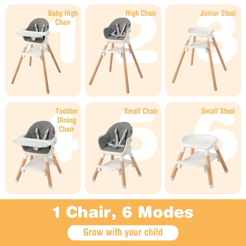 Costway 6-in-1 Convertible Wooden Baby Highchair Infant Feeding Chair with Removable Tray