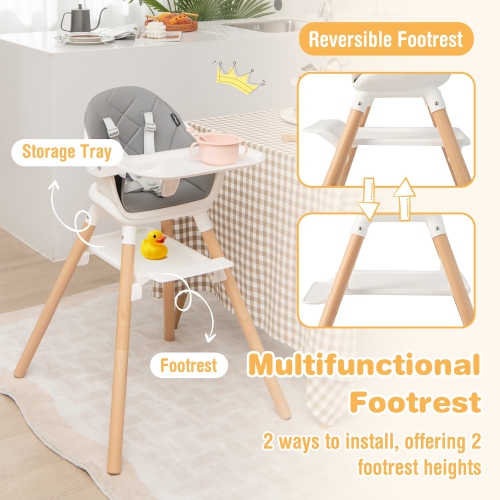 Costway 6-in-1 Convertible Wooden Baby Highchair Infant Feeding Chair with Removable Tray