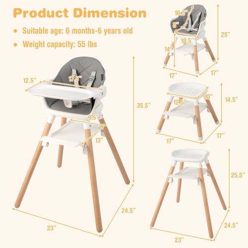 Costway 6-in-1 Convertible Wooden Baby Highchair Infant Feeding Chair with Removable Tray