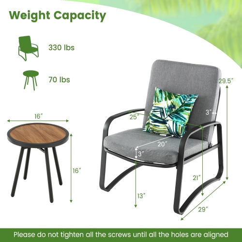 Costway 3pcs Patio Bistro Conversation Set DPC Tabletop Metal Cushioned Chairs Outdoor