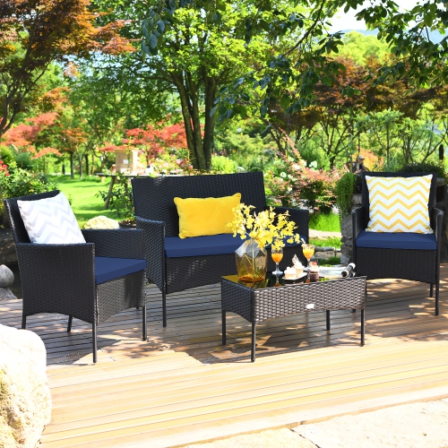 Costway 8PCS Patio Wicker Furniture Set Coffee Table Cushions w/Off White&nbsp;&&nbsp;Navy&nbsp;Cover