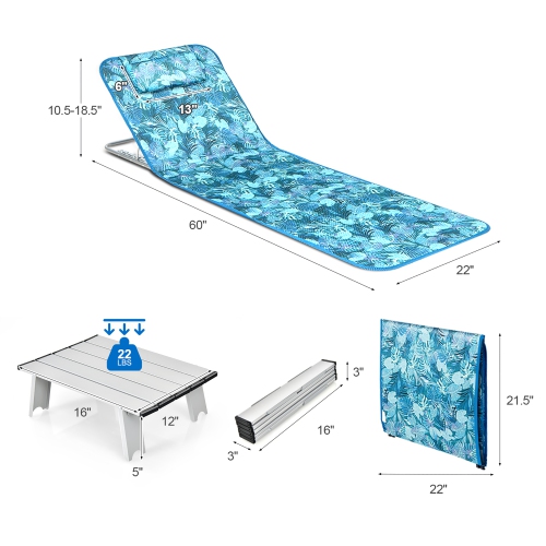 Costway 3-Piece Beach Lounge Chair Mat Set 2 Adjustable Lounge Chairs with Table