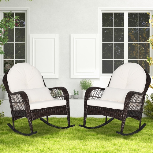 COSTWAY  2PCs Patio Wicker Rocking Chair W/seat Back Cushions & Lumbar Pillow Balcony