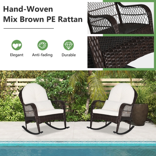 Costway 2PCS Patio Wicker Rocking Chair W/Seat Back Cushions & Lumbar Pillow Balcony