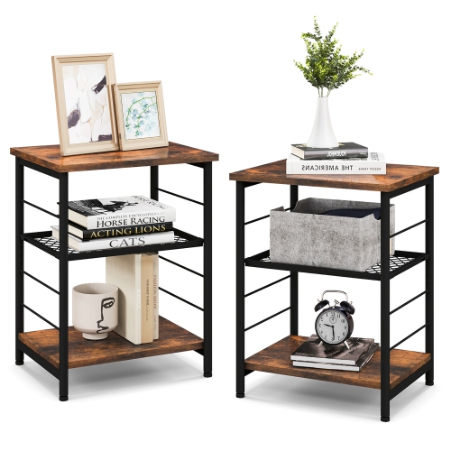 COSTWAY  2 PCs 3-Tier Side End Table With Adjustable Mesh Shelf Narrow Nightstand