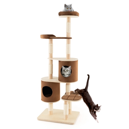 COSTWAY  75" Multi-Layer Wooden Cat Tree Indoor Tower Activity Play Center With 2 Condos