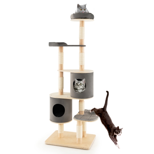 Costway 75" Multi-layer Wooden Cat Tree Indoor Tower Activity Play Center with 2 Condos