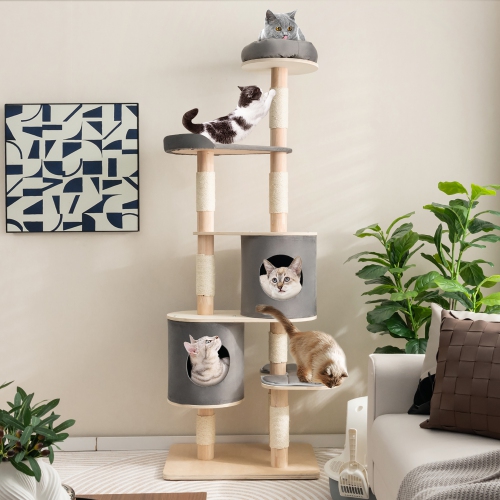 Costway 75" Multi-layer Wooden Cat Tree Indoor Tower Activity Play Center with 2 Condos