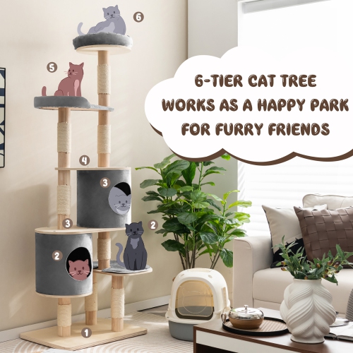 Costway 75" Multi-layer Wooden Cat Tree Indoor Tower Activity Play Center with 2 Condos