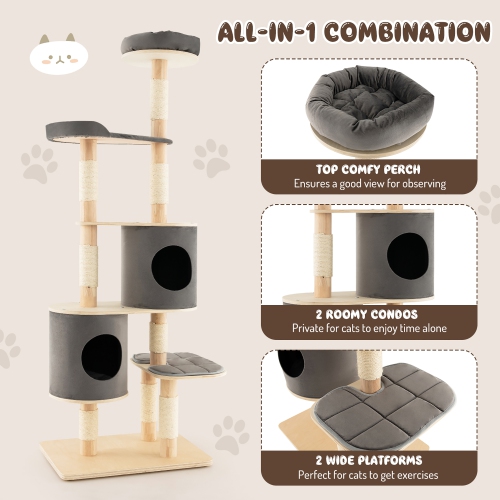 Costway 75" Multi-layer Wooden Cat Tree Indoor Tower Activity Play Center with 2 Condos