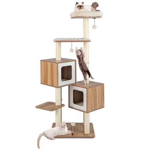 COSTWAY  64.5" Multi-Layer Wooden Cat Tree Indoor Tower Activity Play Center Cat House