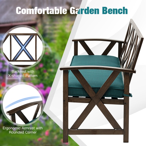 Gymax 51.5'' Outdoor Garden Bench Cushioned Patio Chair with Wood Grain Steel Frame