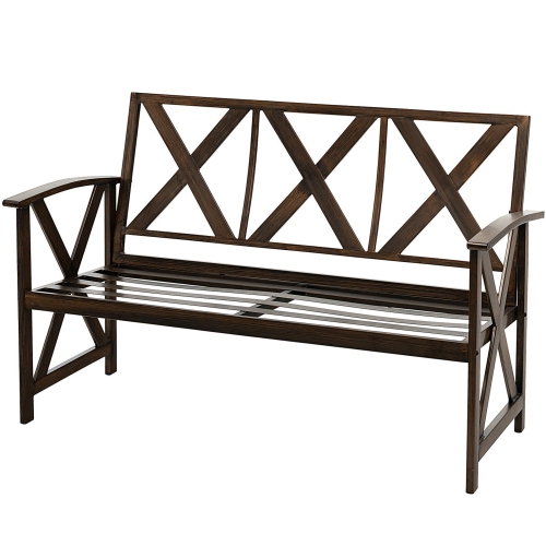 Gymax 51.5'' Outdoor Garden Bench Cushioned Patio Chair with Wood Grain Steel Frame