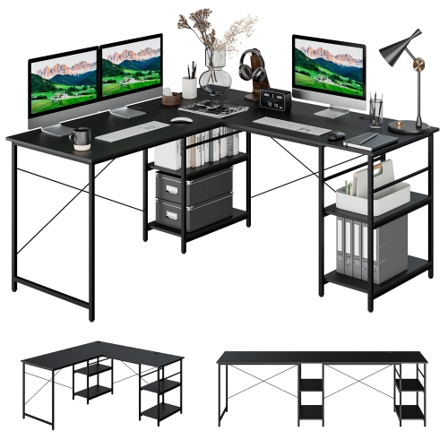 COSTWAY  95" Convertible L-Shaped Corner Computer Desk 2-Person Long Desk Shelves 95" convertible L-shaped Corner Computer Desk etc