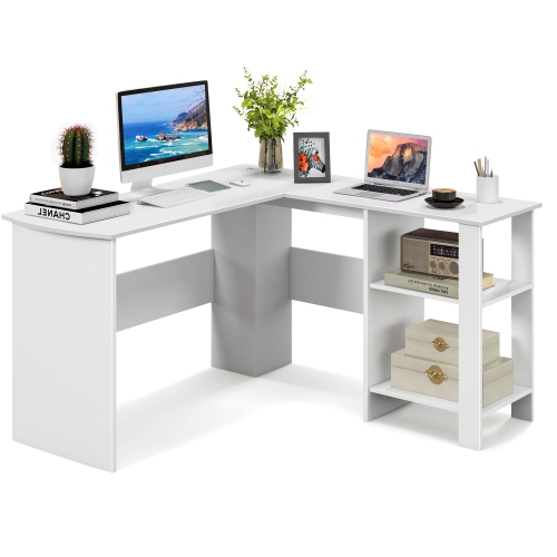 COSTWAY  L-Shaped Corner Computer Desk Home Office Writing Workstation With Storage Shelves