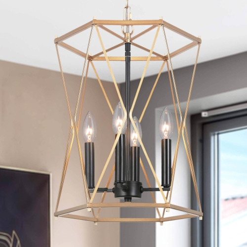 UOLFIN  Modern Gold Bedroom Chandelier Light, 4-Light Modern With Gold Geometric Cage Candlestick Island Chandelier In Black