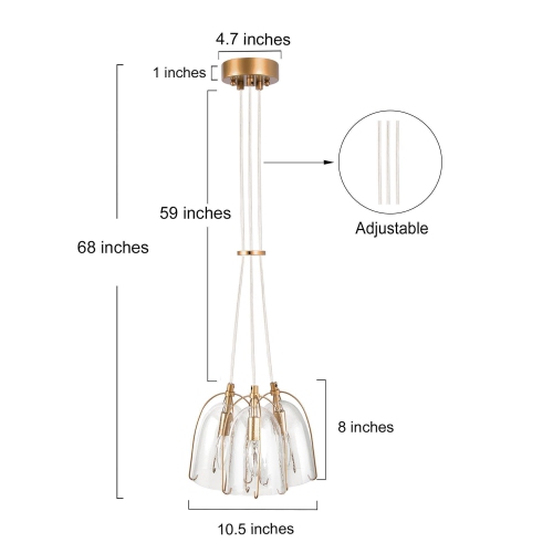 Modern Dining Room Chandelier, 3-Light Gold Bell Chandelier with Seeded Glass Shades