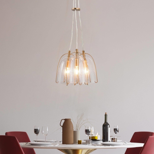 Modern Dining Room Chandelier, 3-Light Gold Bell Chandelier with Seeded Glass Shades