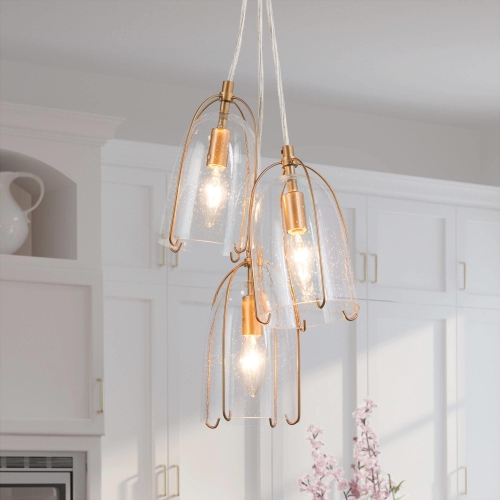Modern Dining Room Chandelier, 3-Light Gold Bell Chandelier with Seeded Glass Shades