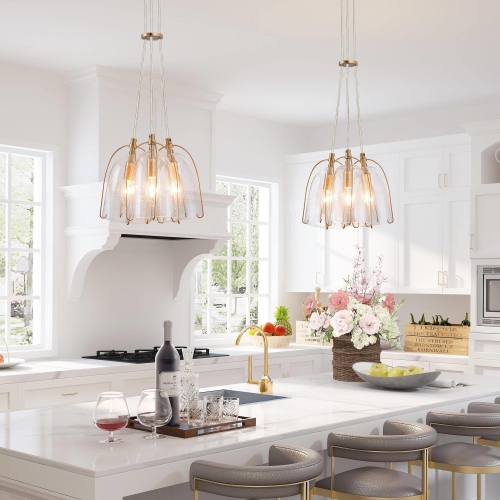 Modern Dining Room Chandelier, 3-Light Gold Bell Chandelier with Seeded Glass Shades