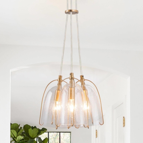 Modern Dining Room Chandelier, 3-Light Gold Bell Chandelier with Seeded Glass Shades