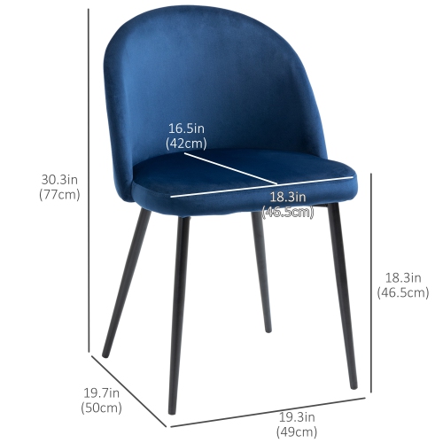 HOMCOM Modern Dining Chairs, Mid-Back Velvet-touch Upholstery Side Chair, Table Chair for Living Room, Dining Room, Dark Blue, Set of 4
