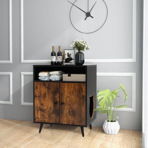 Gymax Cat Litter Box Enclosure Hidden Cat Washroom Cabinet with Entry Open Compartment