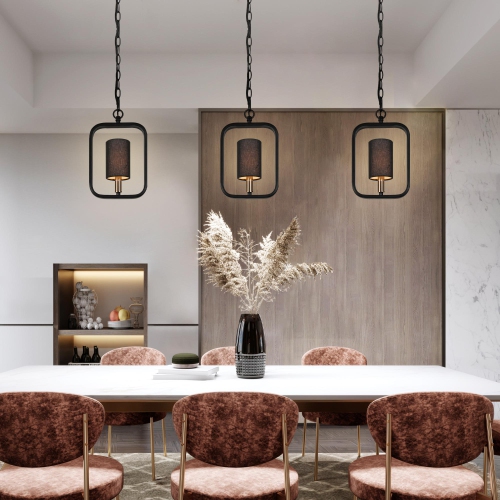 Modern Black Lantern Pendant Hanging Light, 1-Light Rectangle Pendant Light with Fabric Shade