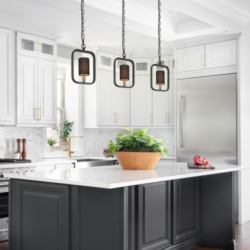 Modern Black Lantern Pendant Hanging Light, 1-Light Rectangle Pendant Light with Fabric Shade