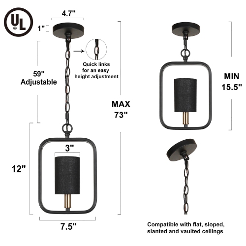 Modern Black Lantern Pendant Hanging Light, 1-Light Rectangle Pendant Light with Fabric Shade