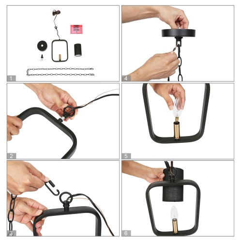 Modern Black Lantern Pendant Hanging Light, 1-Light Rectangle Pendant Light with Fabric Shade