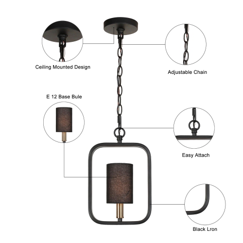 Modern Black Lantern Pendant Hanging Light, 1-Light Rectangle Pendant Light with Fabric Shade