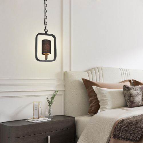 Modern Black Lantern Pendant Hanging Light, 1-Light Rectangle Pendant Light with Fabric Shade