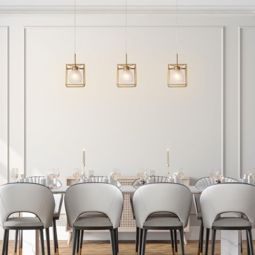 Modern Lantern Island Pendant Light, 1-Light Gold Cage Chandelier Pendant Light with Frosted Glass Shade