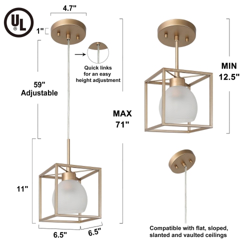 Modern Lantern Island Pendant Light, 1-Light Gold Cage Chandelier Pendant Light with Frosted Glass Shade