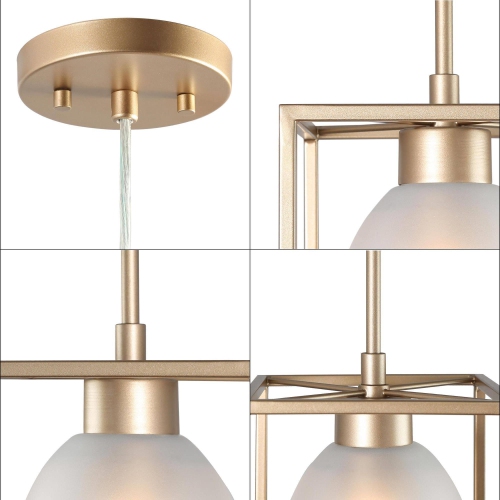 Modern Lantern Island Pendant Light, 1-Light Gold Cage Chandelier Pendant Light with Frosted Glass Shade