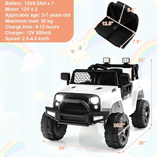 Topbuy 12V Kids Ride On Car Electric Vehicle Jeep with Parental Remote Music Horn Headlights Slow Start Function Black/White/Pink